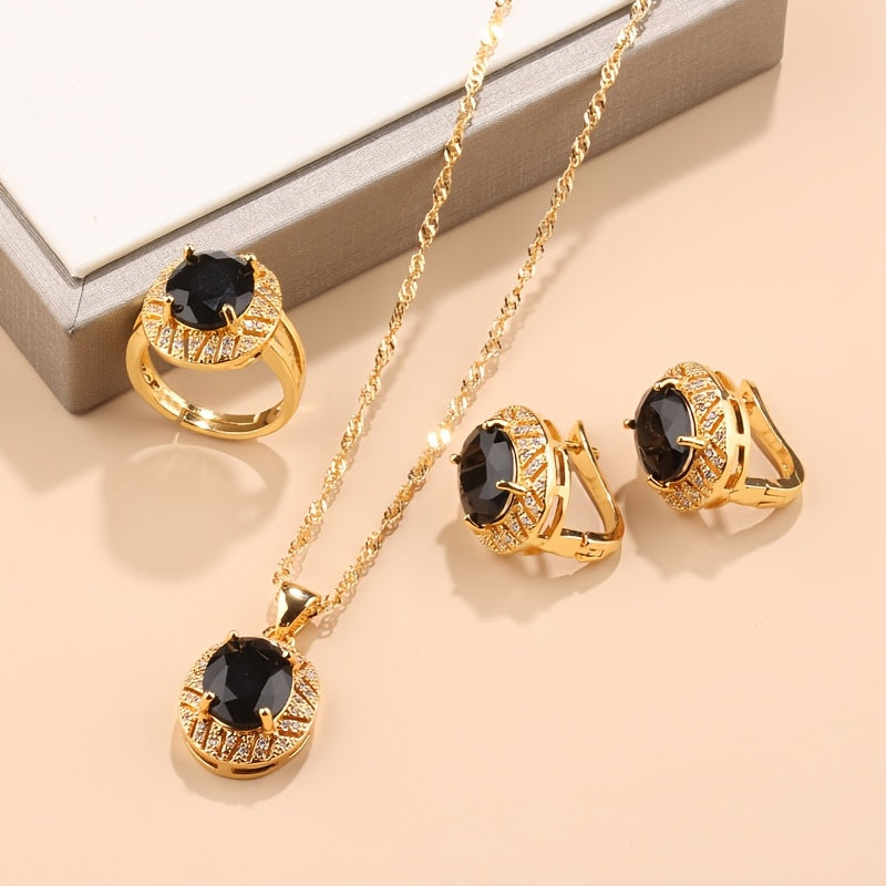 4-Piece Gold Plated Jewelry Set with Necklace Earrings and Rings for Weddings and Daily Wear
