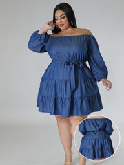Plus Size Women's Denim Off-Shoulder Tiered Dress Casual Formal All-Season