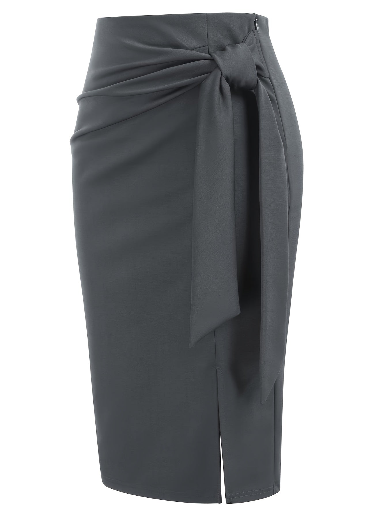 Women's High-Waisted Knee-Length Skirt with Bow and Slit in Solid Color