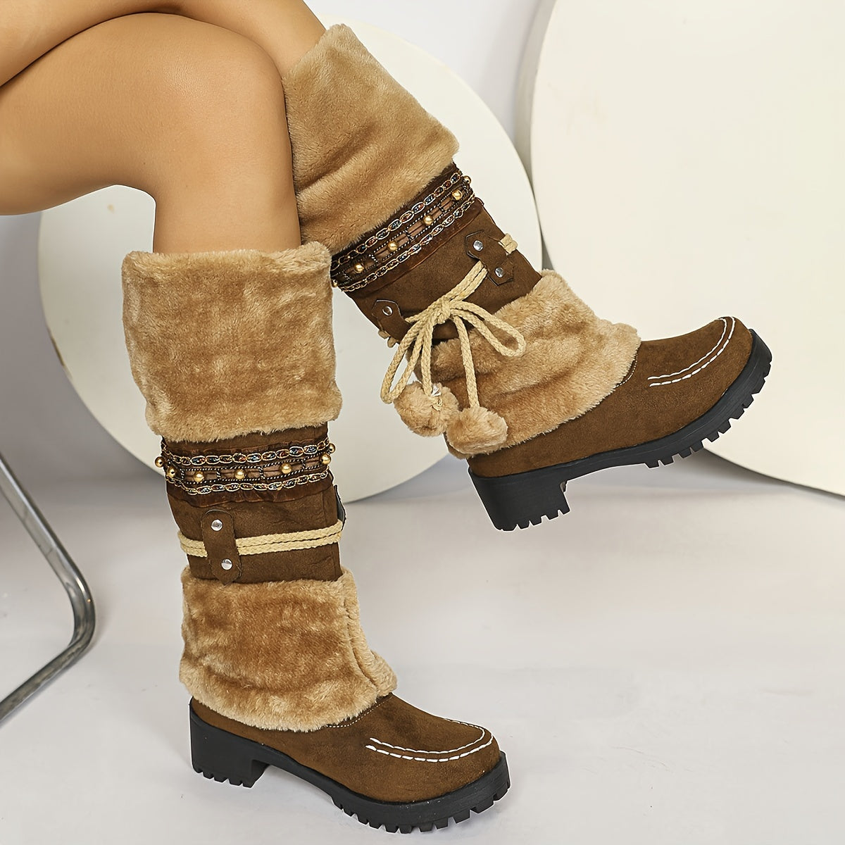 Women's Faux Fur Lined Mid-Calf Cowboy Boots with Heels for Autumn Winter