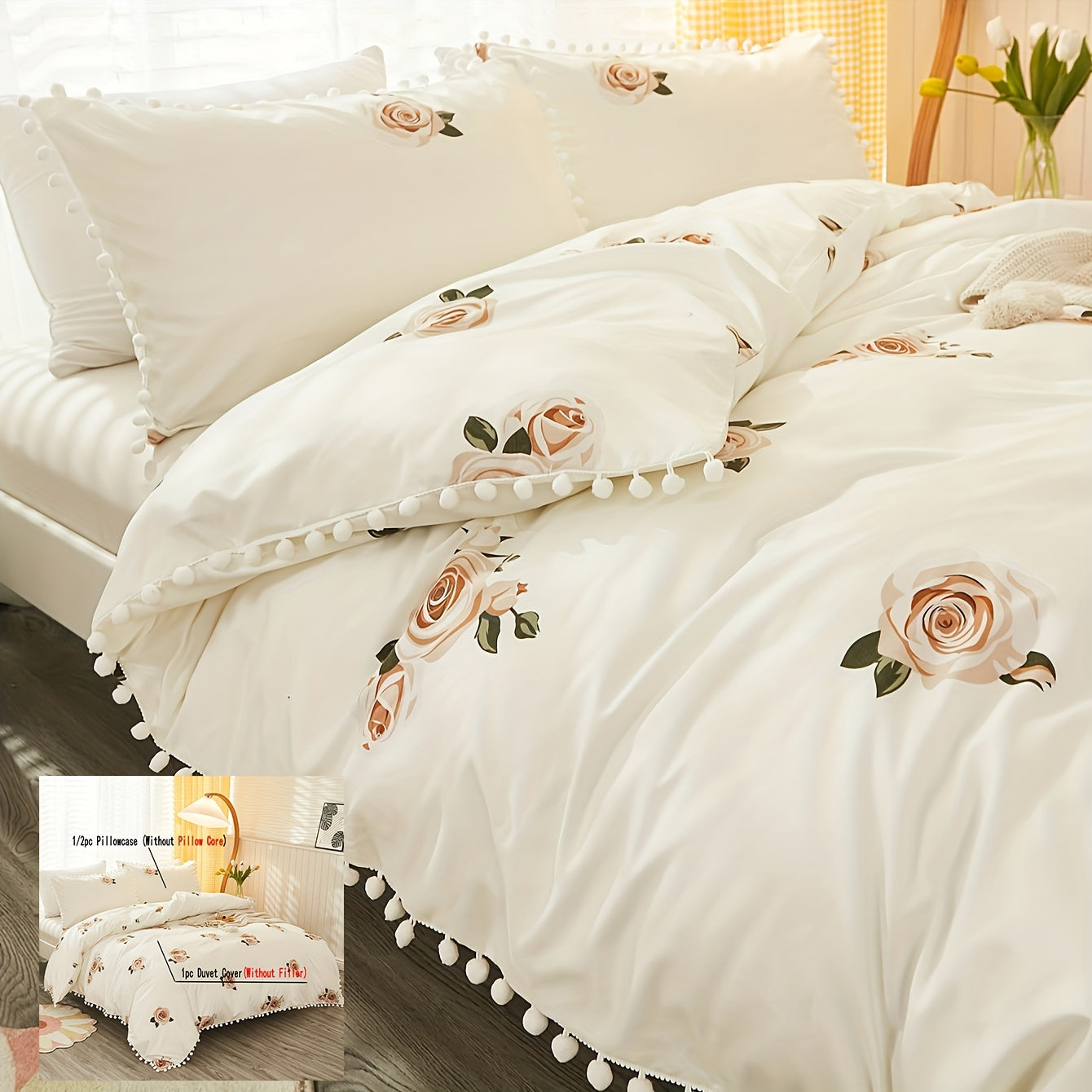 Set of 3 Pastoral Flower Print Duvet Cover Set with Pompom Details Soft Cozy Bedding for Bedroom or Guest Room