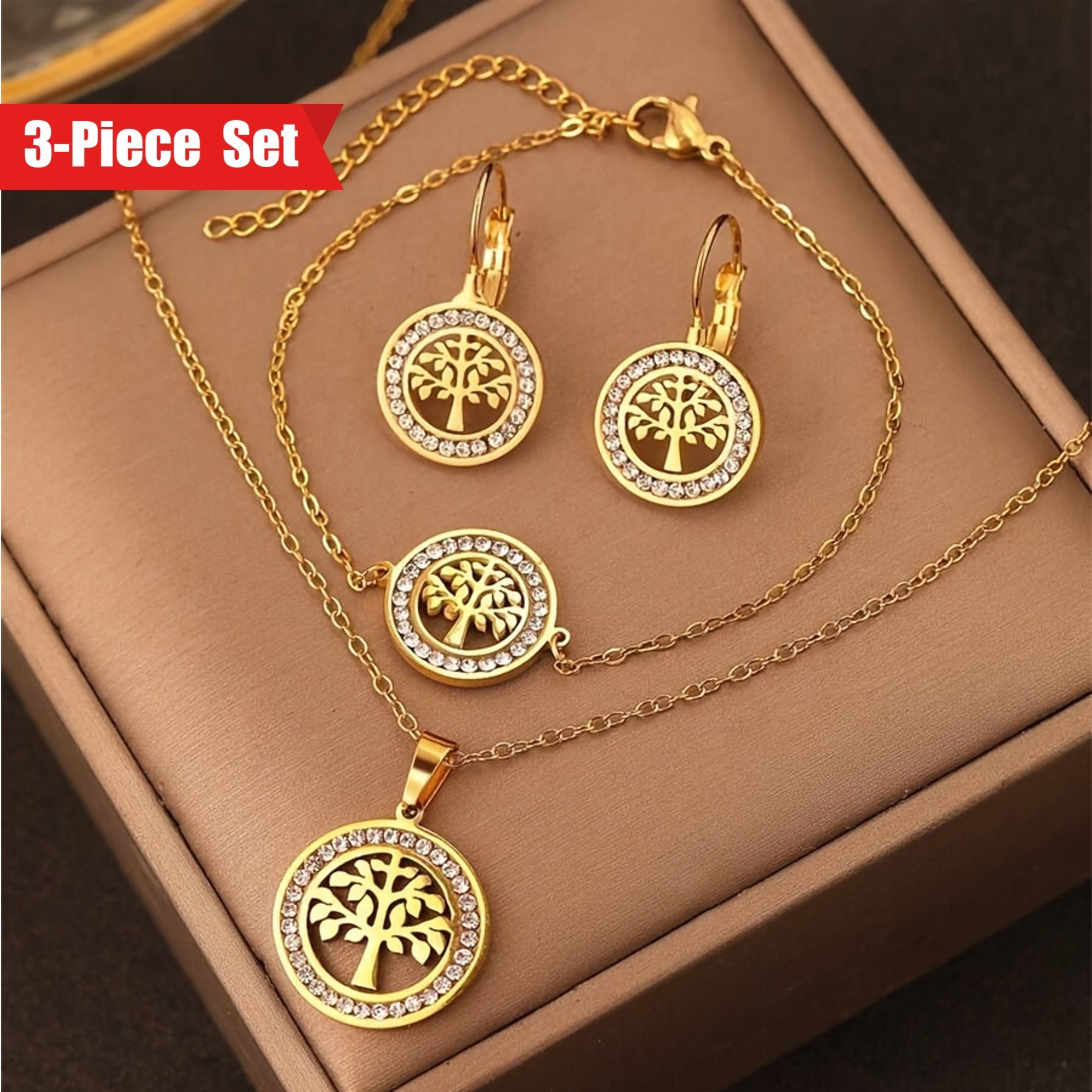 Bohemian Style 3-Piece Tree of Life Jewelry Set Copper Gold Plated Synthetic Zirconia for Parties Weddings