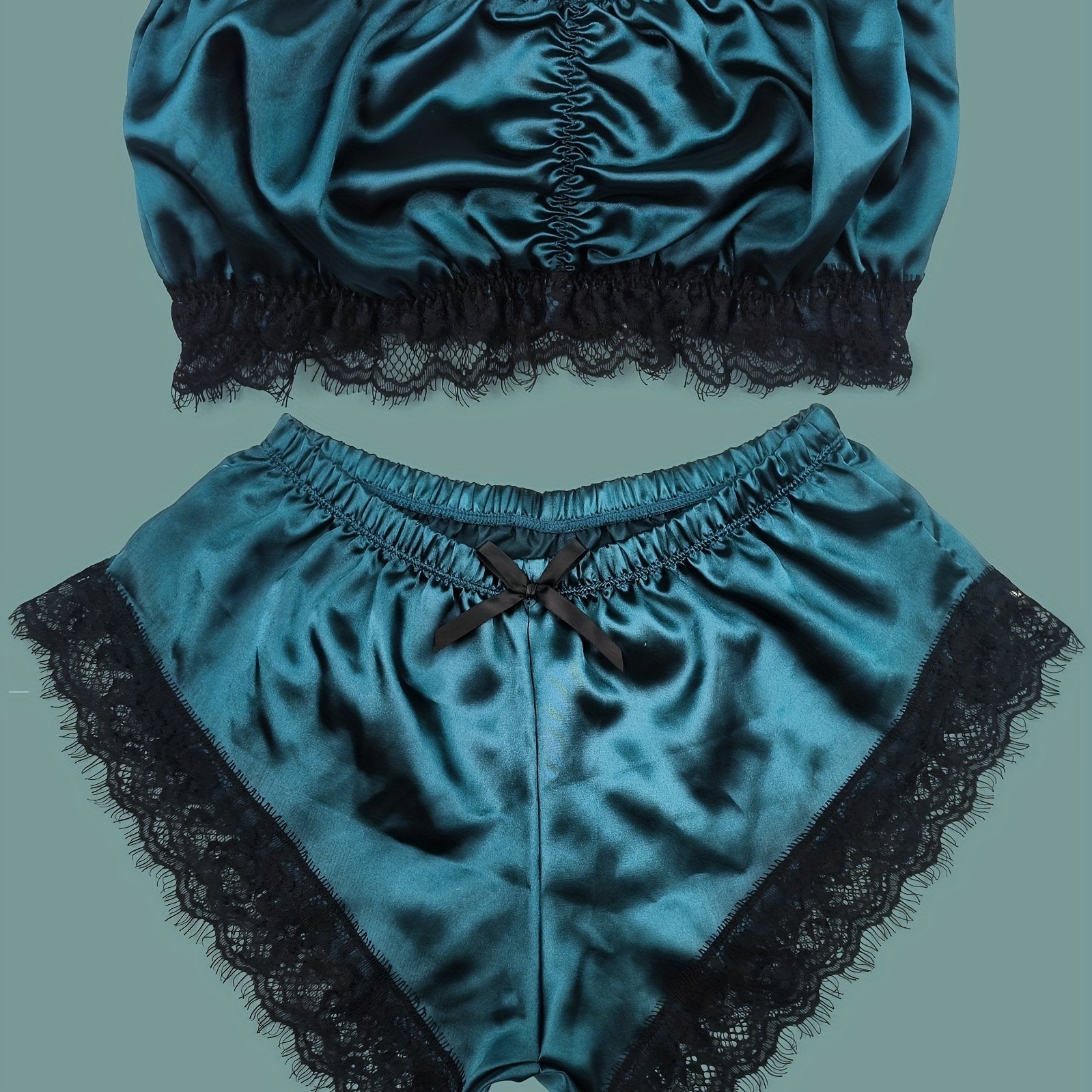 Women's Satin Sleepwear Set with Lace Trim Strapless Pajama Top and Shorts