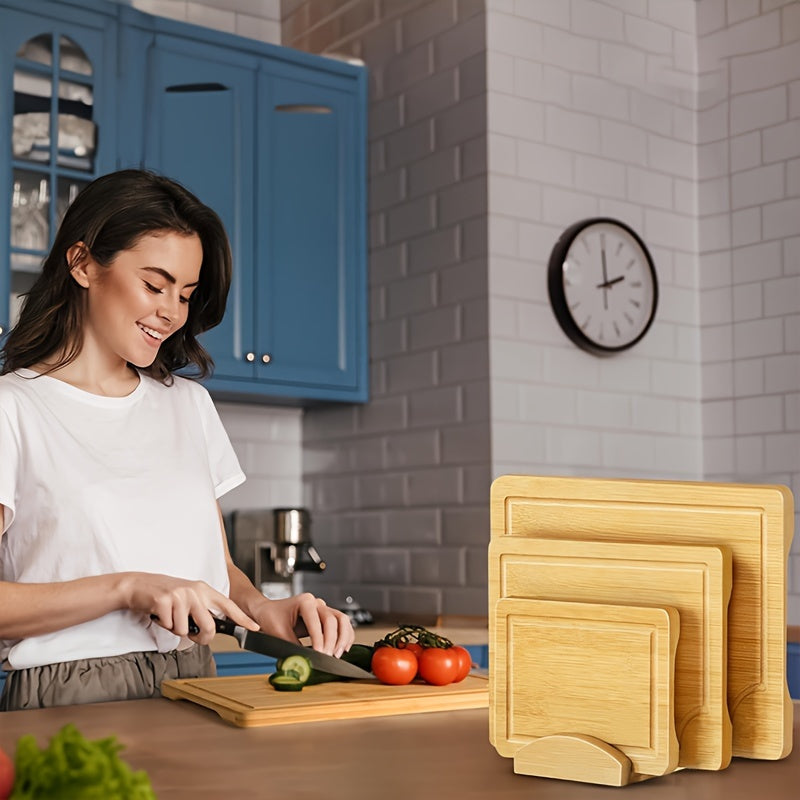 Juego de 4 tablas de cortar de bambú con soporte para frutas, verduras y carnes