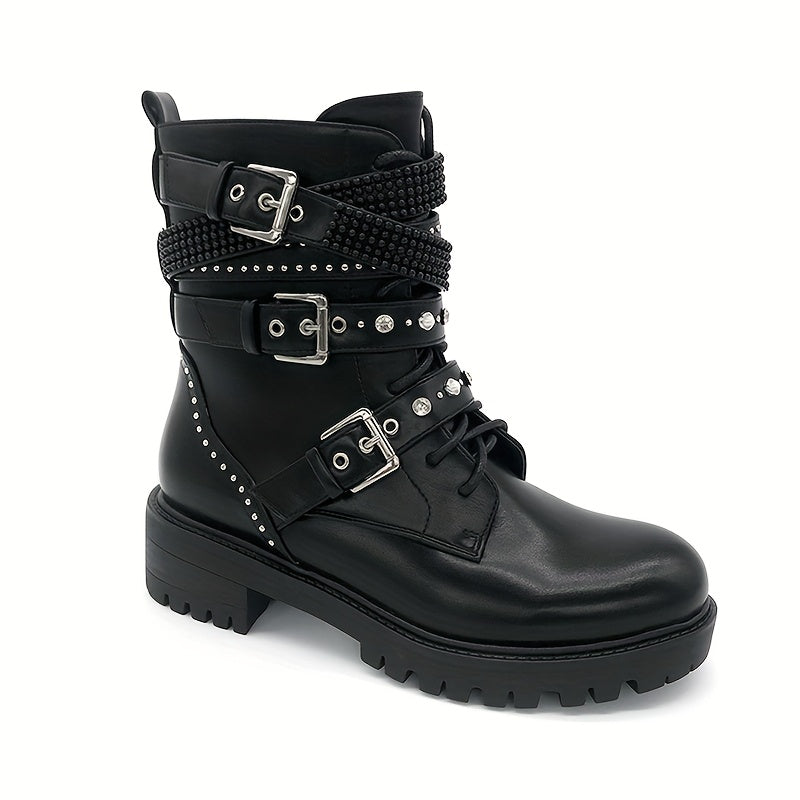 Women's Gothic Punk Motorcycle Boots Faux Leather Chain Zipper Black Chunky Platform