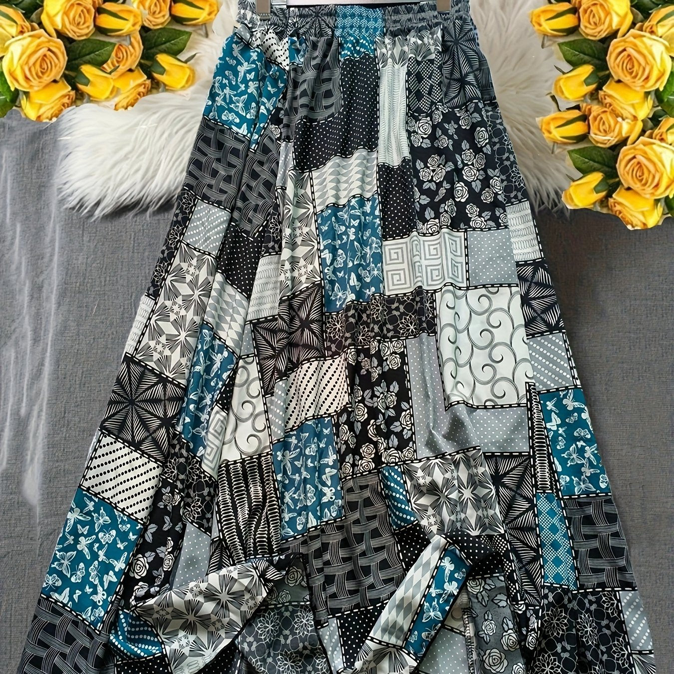 Women's Plus Size Maxi Skirt Elastic Waist Patchwork Flowing Skirt