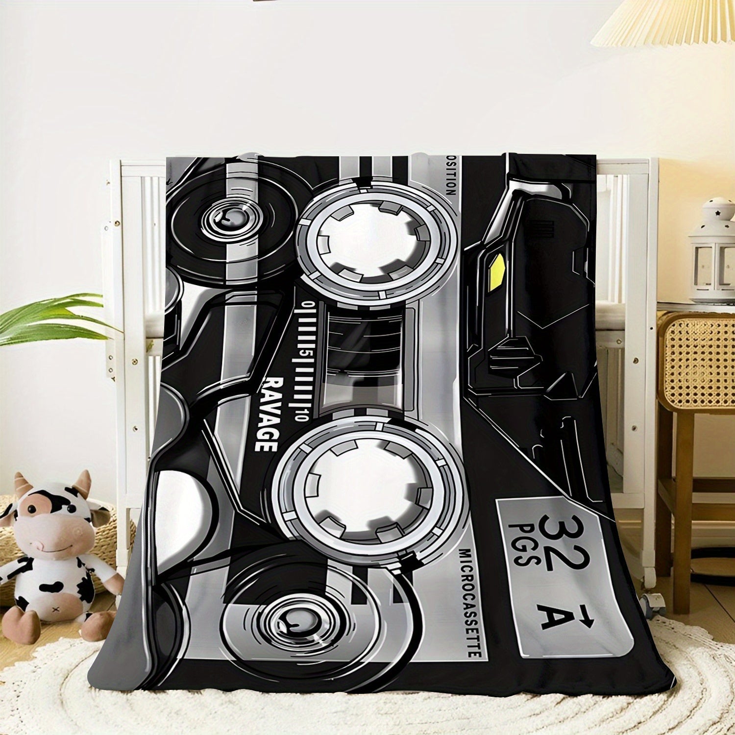 Flannel Fleece Throw Blanket with Retro Music Tape Player Design for Sofa Bed Travel Camping
