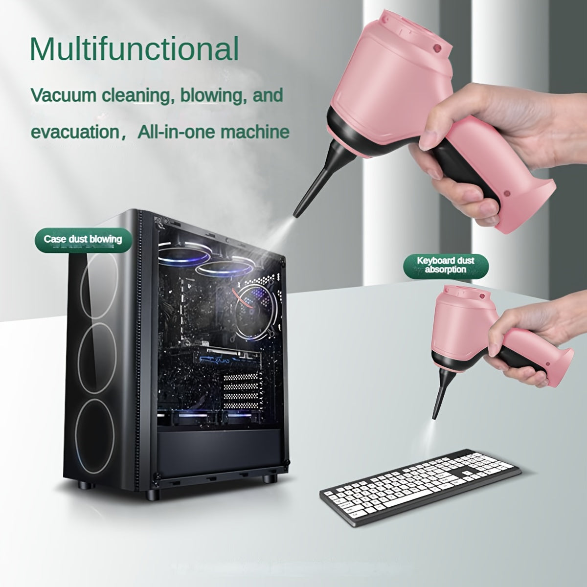 Ko'p funksiyali qo'l vakuum tozalagichi, chang, axlat va uy hayvonlari sochlarini yutish va puflash imkoniyatiga ega, uyda yoki avtomobilda foydalanish uchun mos, turli vazifalar uchun bir nechta aksessuarlar bilan.