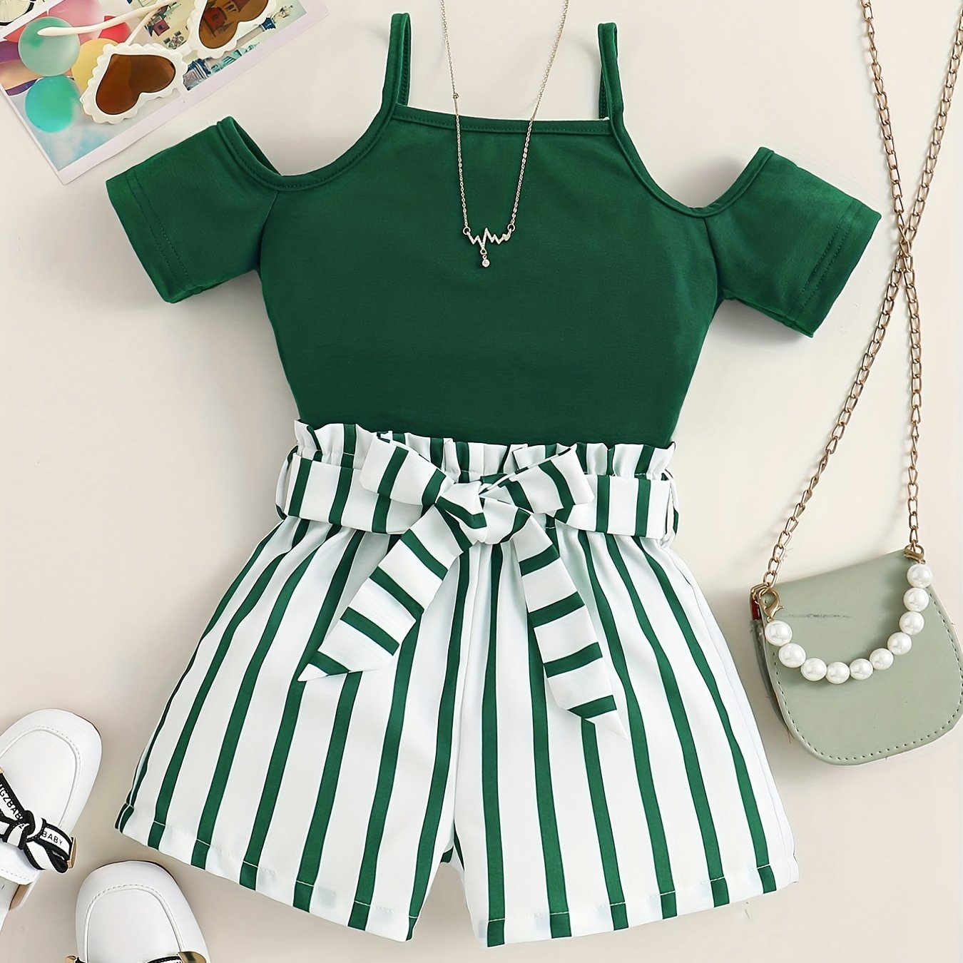 Girls' Summer Two-Piece Set Cami Top and Striped Shorts with Belt for Casual Outdoor Wear