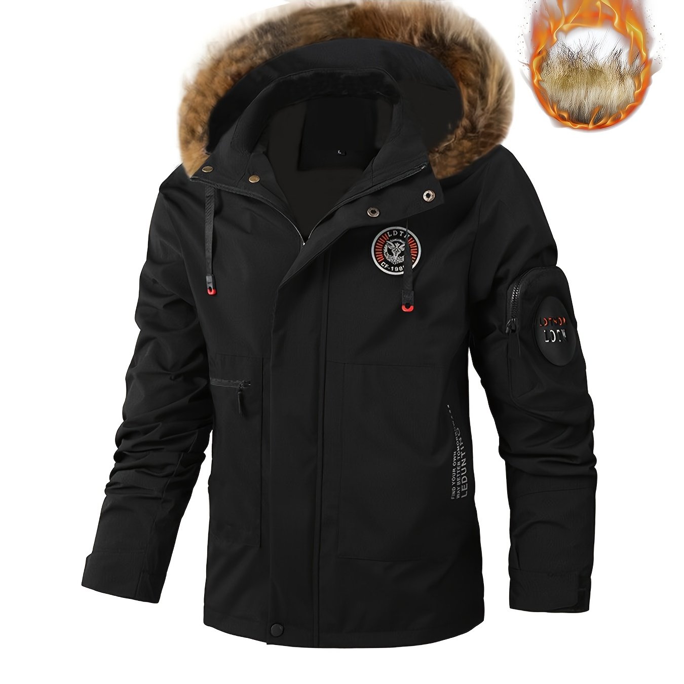 Chaqueta de vuelo de invierno para hombre talla plus, en rojo, con capucha desmontable, ribete de piel sintética, bolsillos, para exteriores y uso casual