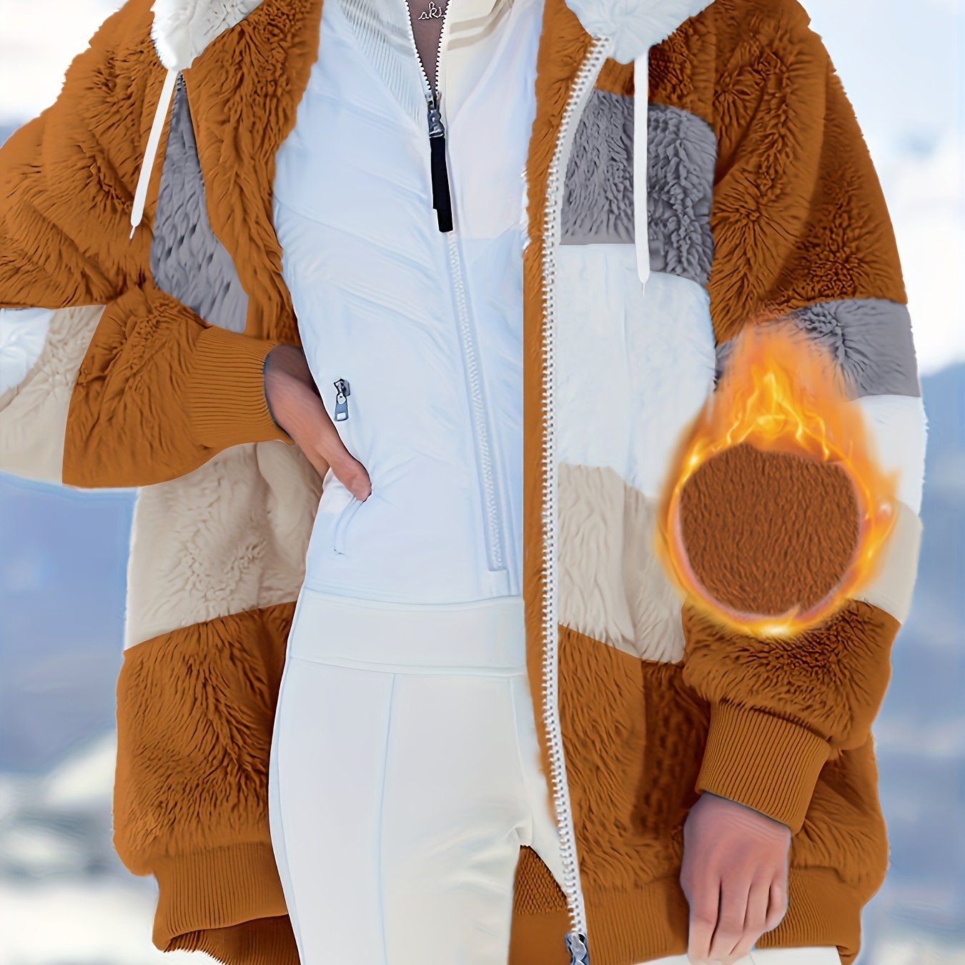 Jilovli cho'tka bilan to'q sariq va kulrang chiziqli ayollar uchun mo'ynali xuddi, cho'ntaklari bilan, iliq va qulay qish uslubi uchun yumshoq polyesterdan tayyorlangan.