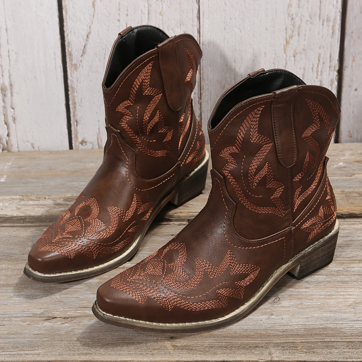 Women's Turquoise Embroidered Ankle Boots Faux Cover Pointed Toe Slip-On Chunky Mid Heel