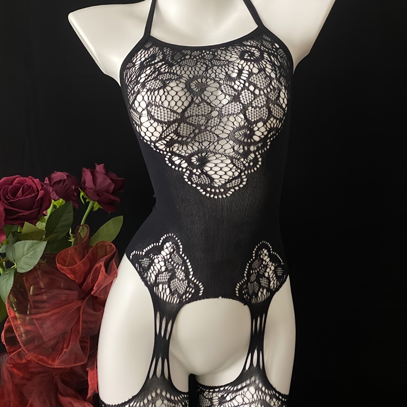 Боди из кружевной сетки для полных женщин с открытой спиной, с воротником- halter, сексуальное платье нижнего белья