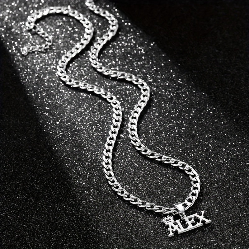 Stainless Steel Pendant Necklace with Crown Charm Custom Name Men Jewelry