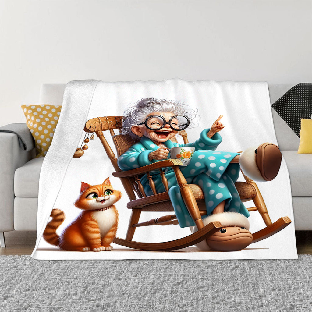 Senior Cozy Flannel Throw Blanket with Grandma and Cat Print All-Season Knitted Polyester
