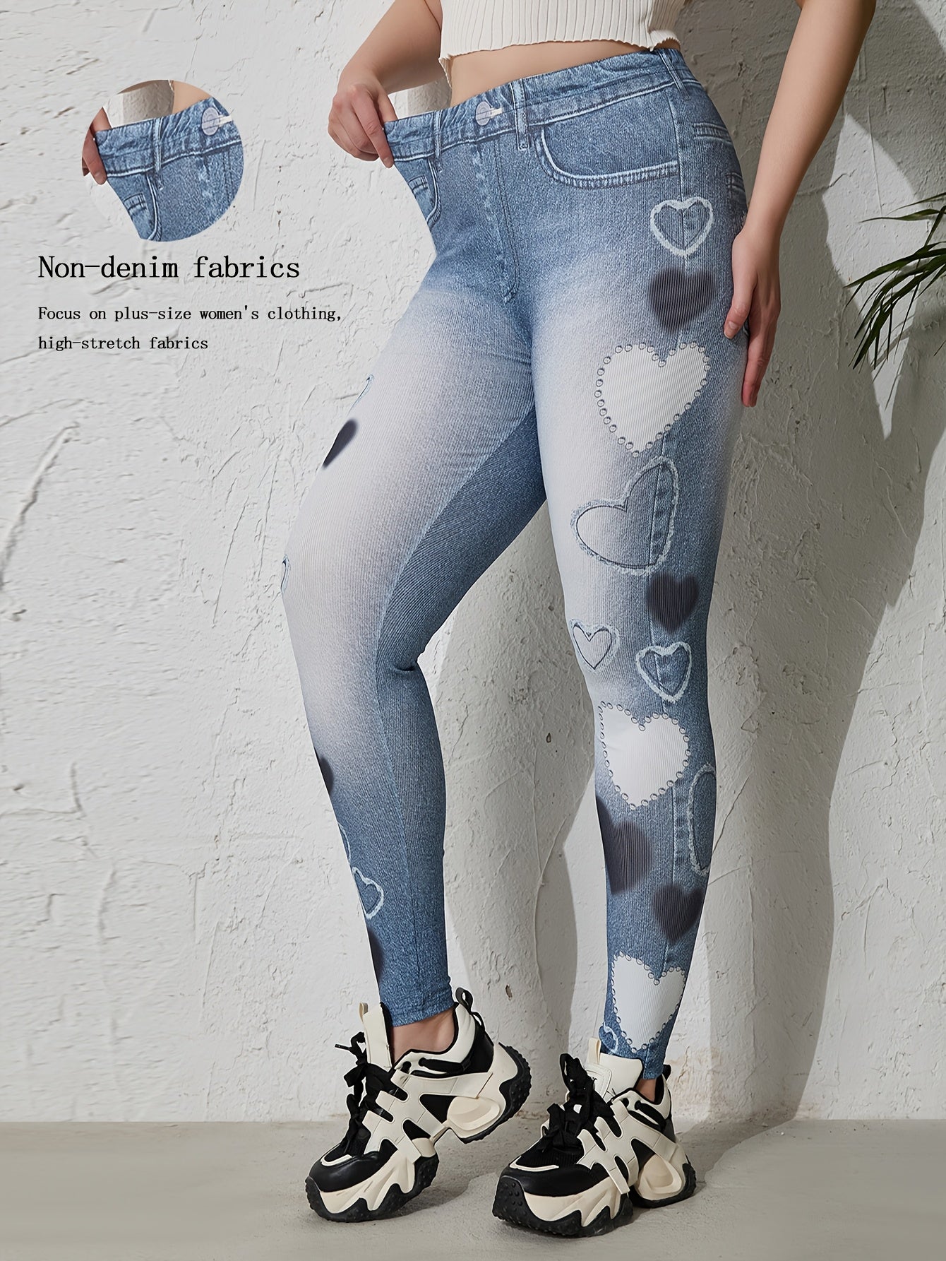 Plus Size Women's Imitation Denim Printed Heart Skinny Pants Tapered Faux Jeans