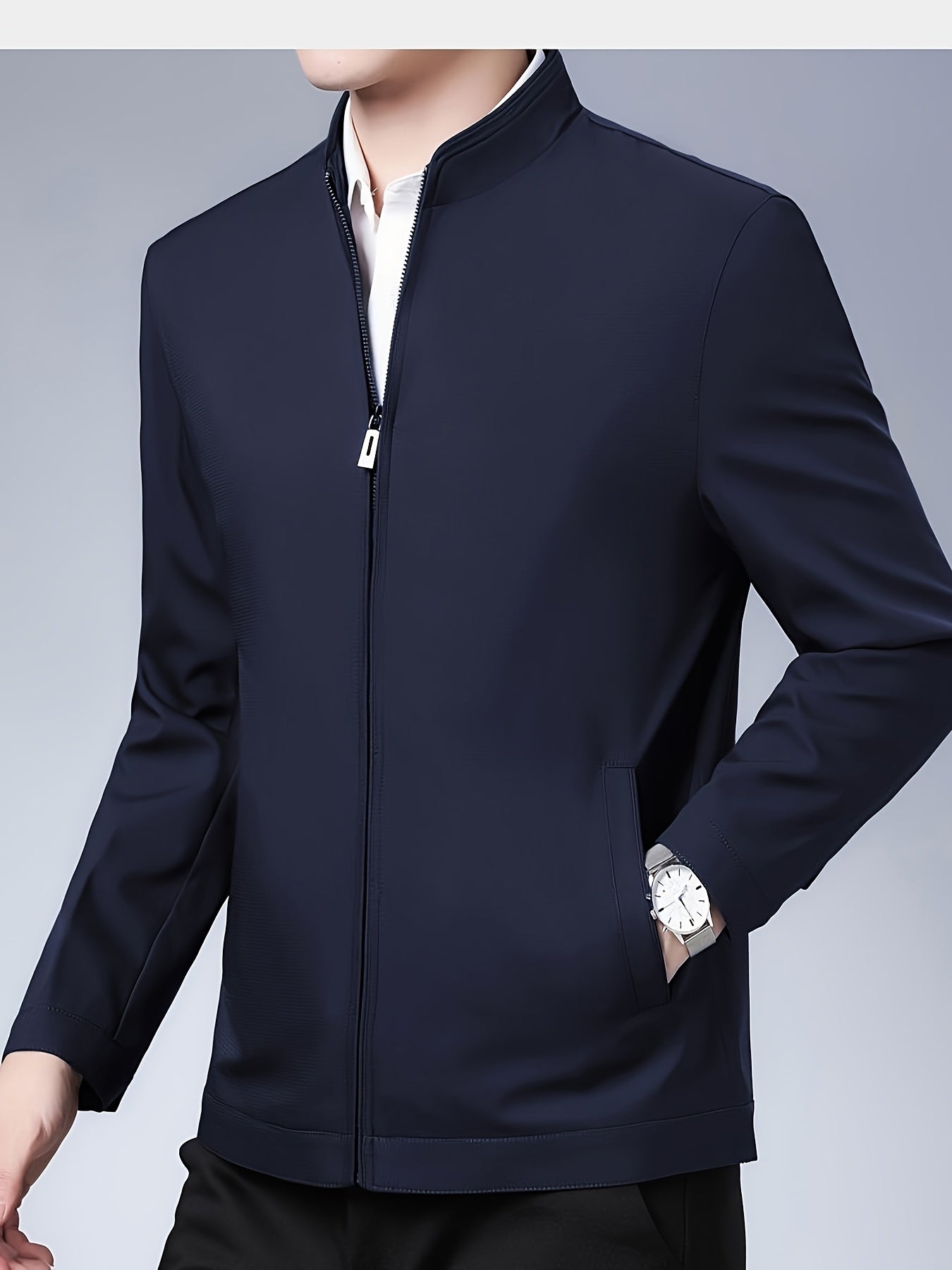 Men's Lightweight Business Casual Jacket Polyester Stand Collar Zip Up Pockets Spring Fall