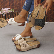 Women Wedge Sandals Floral Embellishments Open Toe Slip-On Beige Black