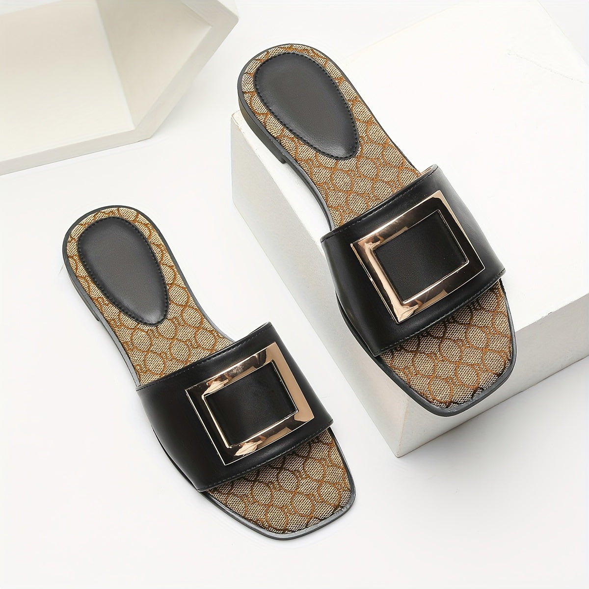 Women Square Toe Slides All-Season Flat Heel Casual Sandals
