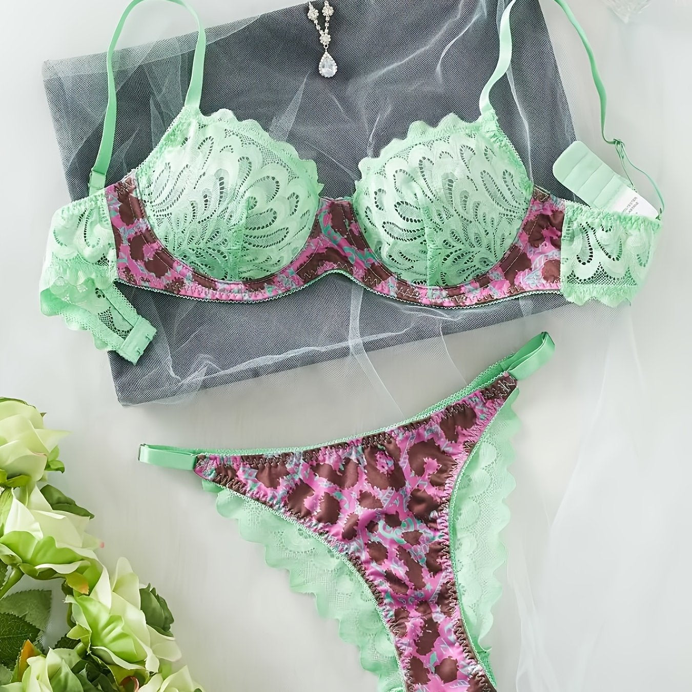 Leopard Print Lingerie Set with Floral Lace and Purple Underwear