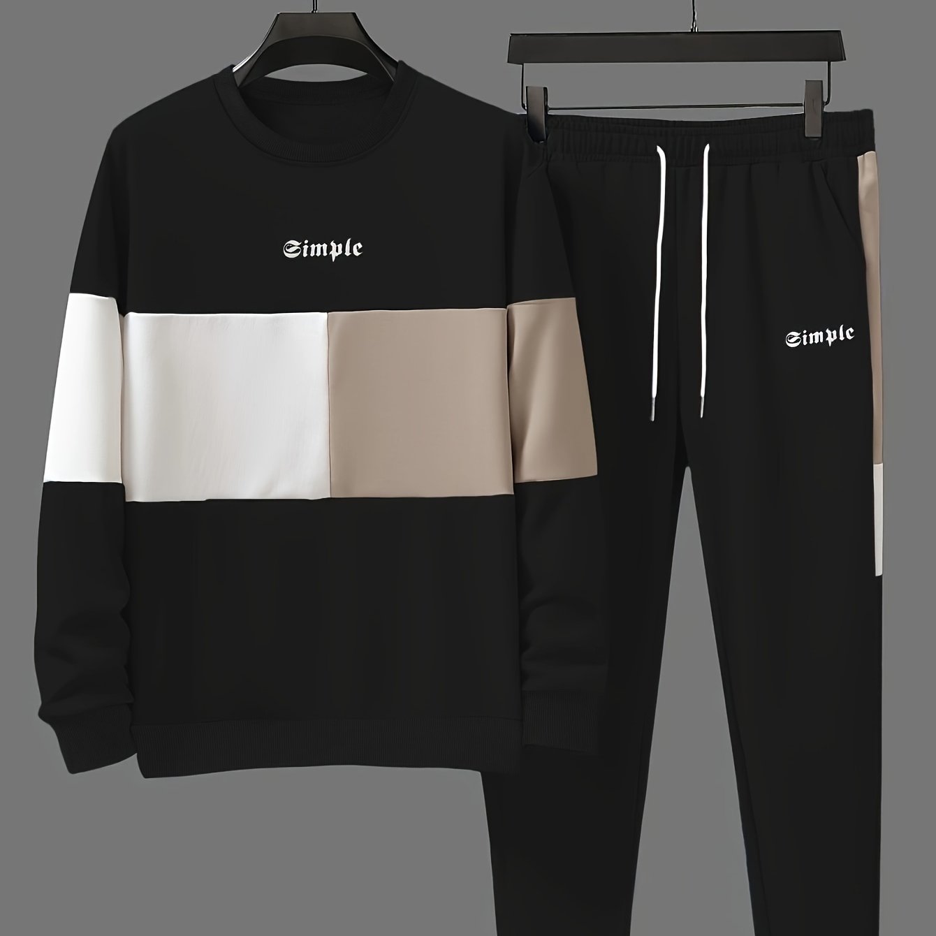 Men's Color Block Polyester Crew Neck Sweatshirt and Joggers Set for Spring and Fall