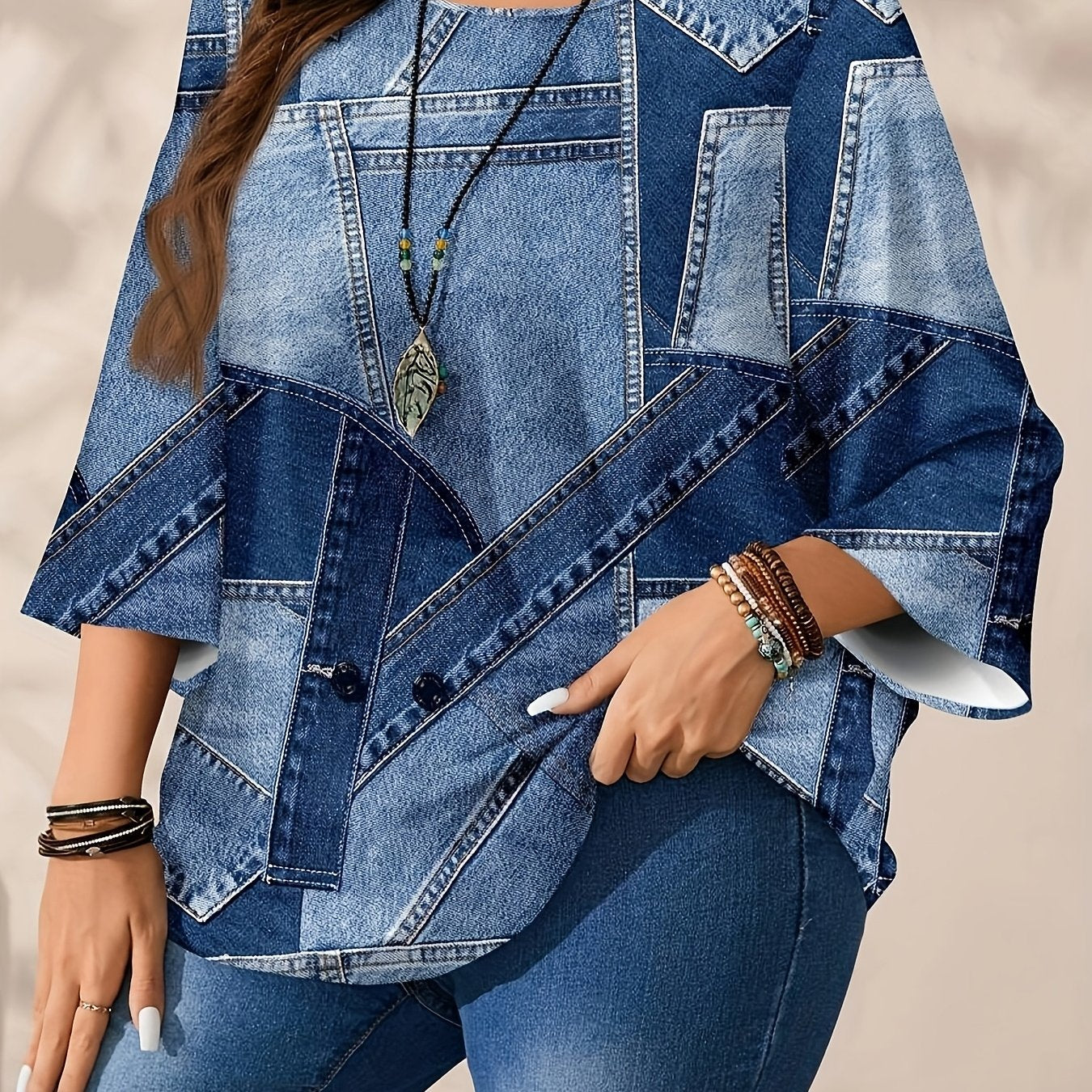 Katta o'lchamdagi ayollar uchun uzun ko'ylakli, dumaloq bo'yinli ko'ylak, bahor va kuz uchun