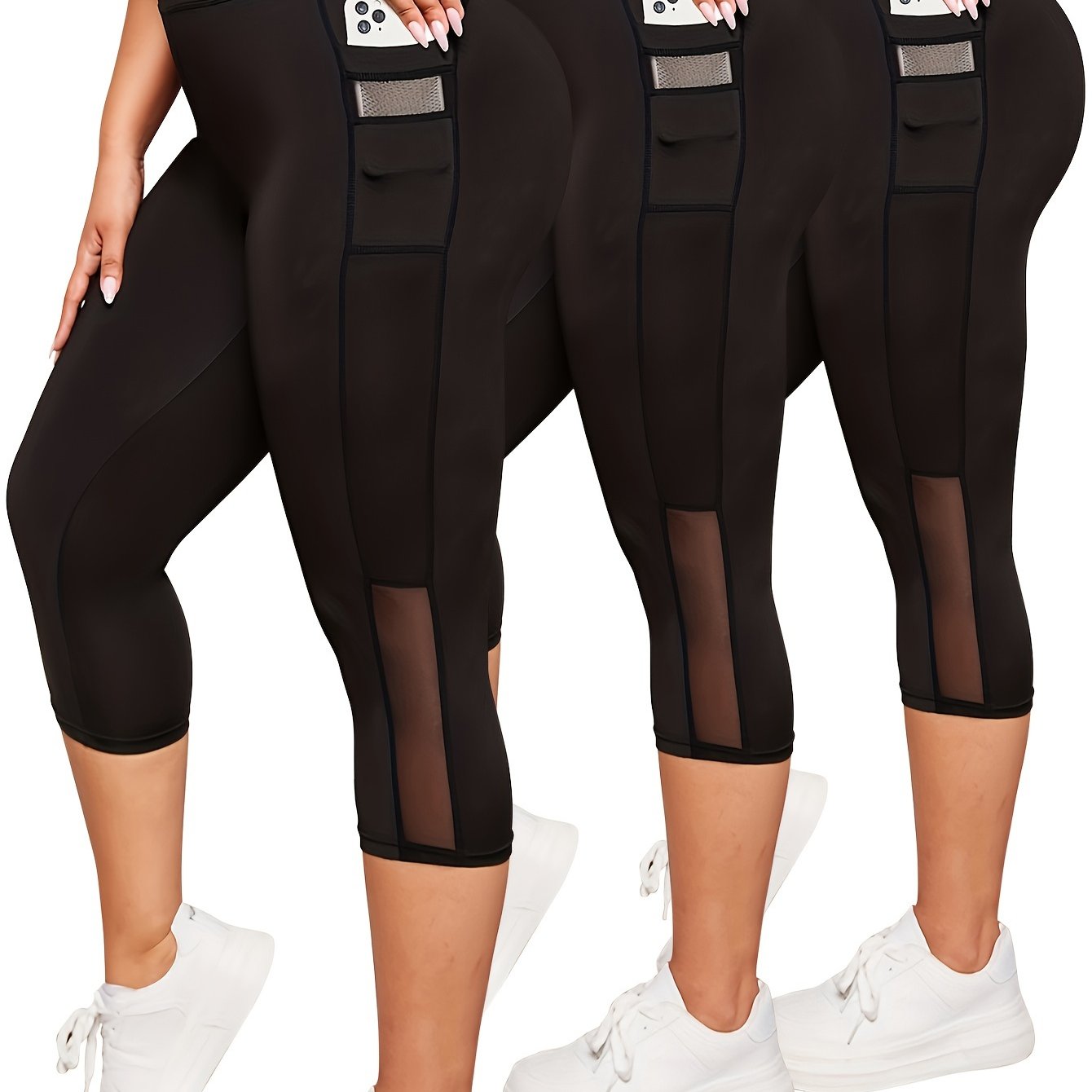 Women's High-Waist Tummy Control Yoga Capris with Pockets and Mesh Contrast in Black