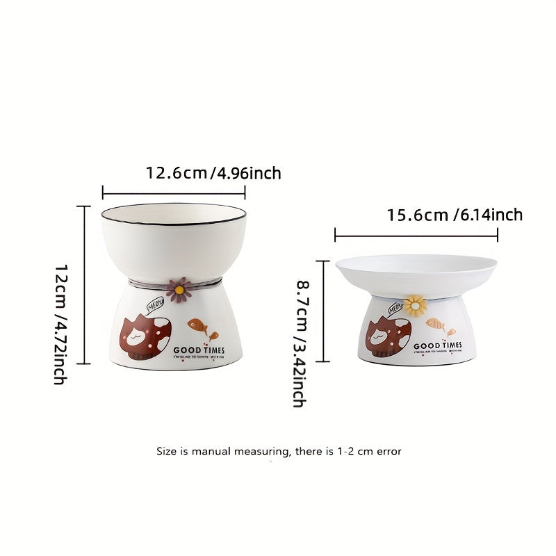 Ceramic Cat Food and Water Bowl with Anti-Tip Design and Cute Face Decor