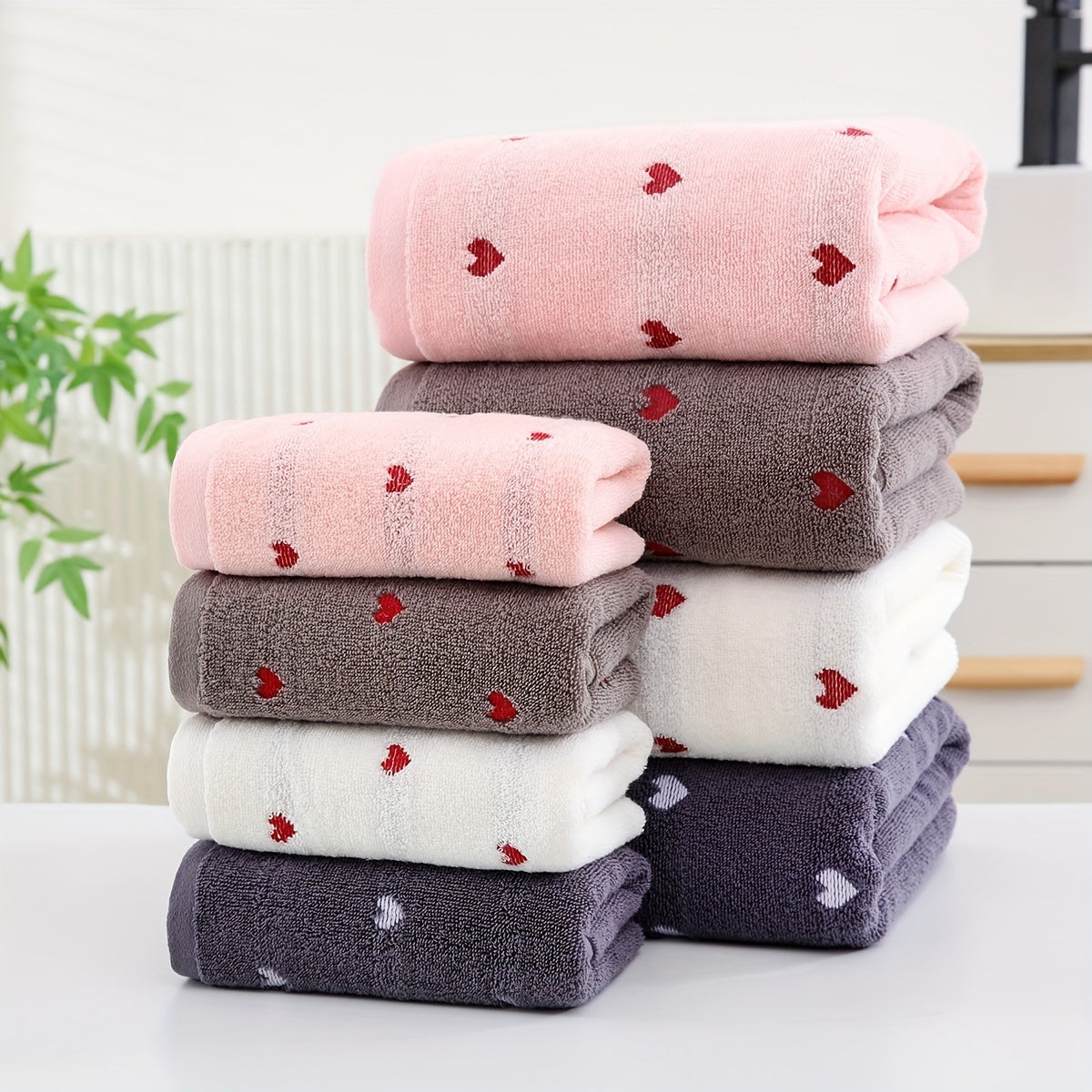 Heart Pattern Cotton Bath Towel Absorbent Quick-Drying Soft Thick for Home Bathroom