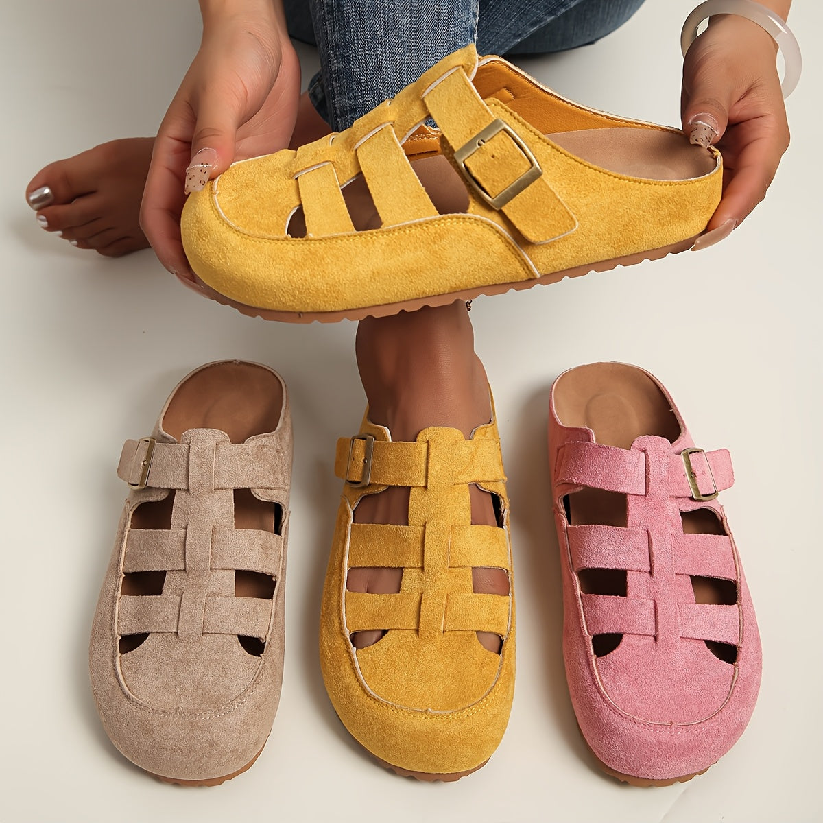 Women's Breathable Strappy Roman Shoes with Adjustable Buckle Beige Pink Yellow