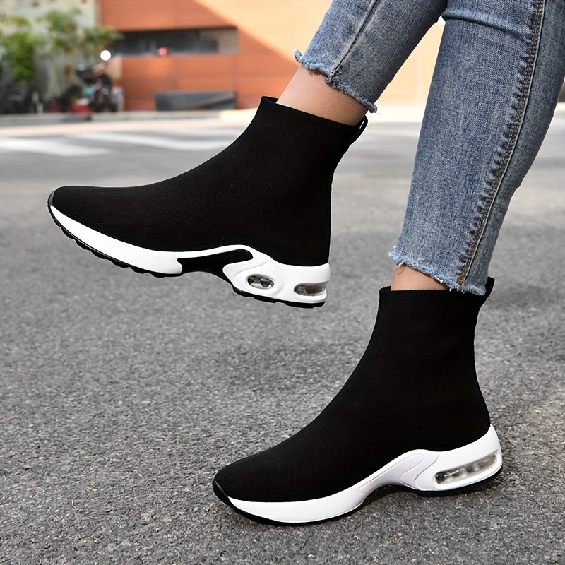 Women's High-Top Knit Sock Sneakers Breathable Air Cushion Casual Black White