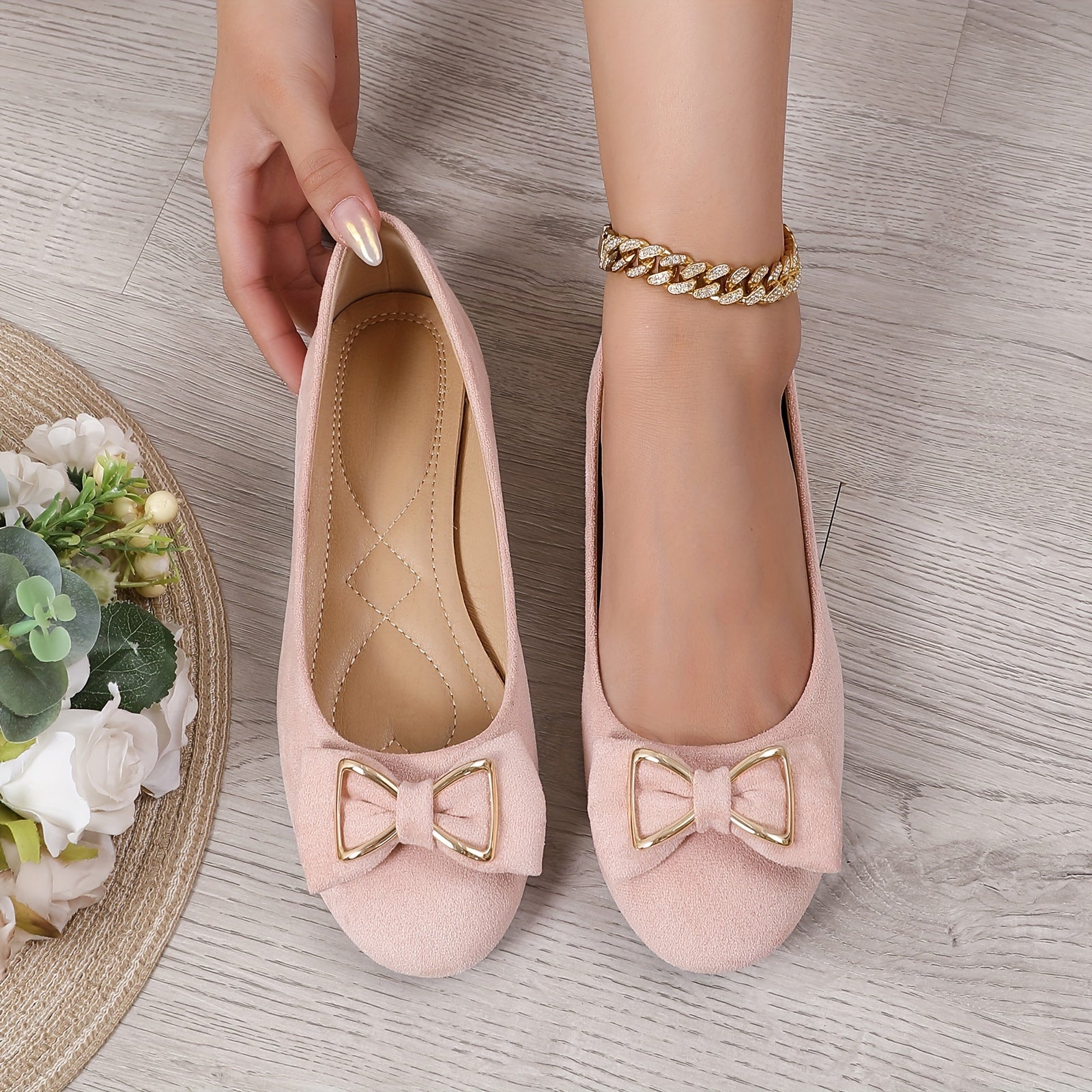 Women's Flat Ballet Shoes with Bow Light Casual Rose Red