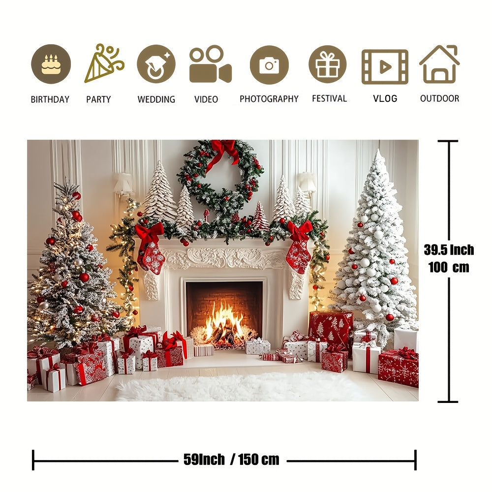 Christmas Fireplace Backdrop Polyester Holiday Photo Booth Decor