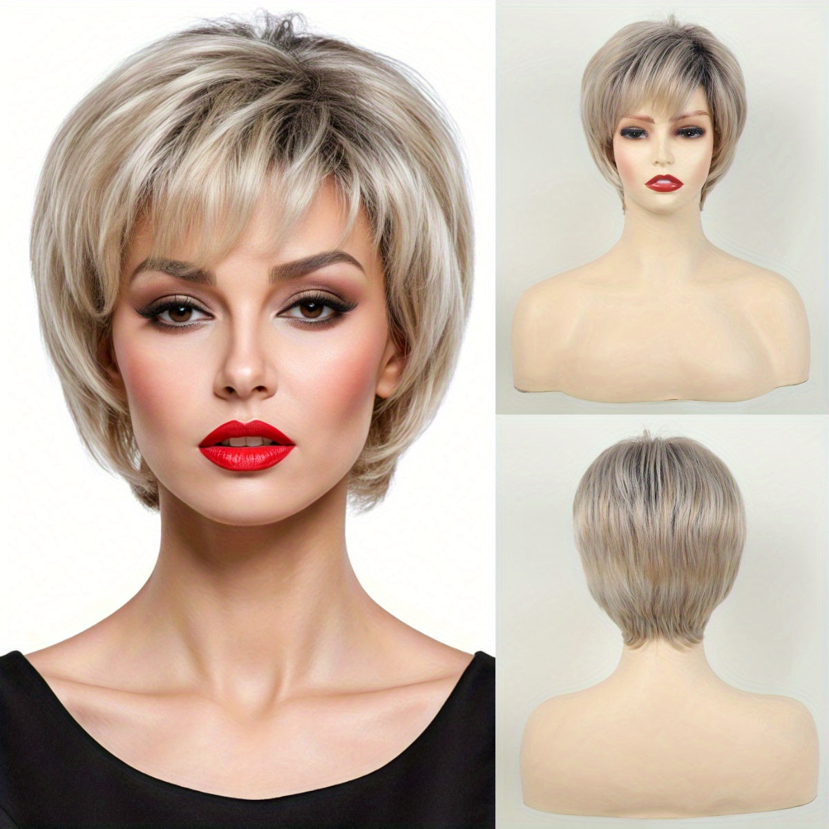 Mujer Peluca de corte pixie corto con estilo de ondas sueltas, flequillo lateral, fibra de alta temperatura