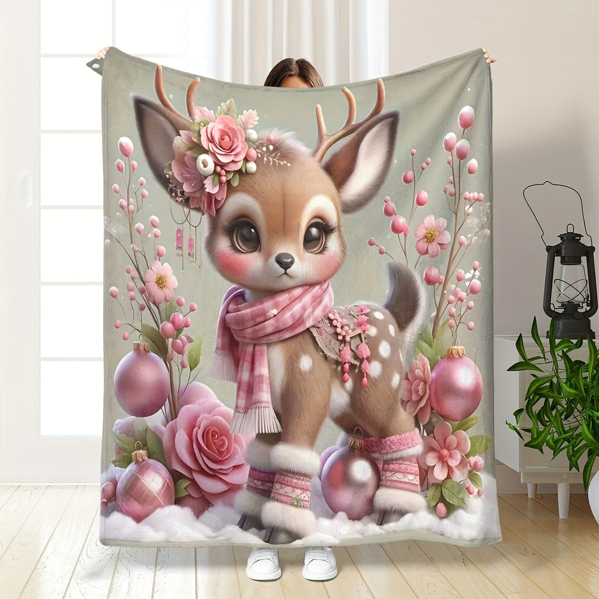 Deer Print Flannel Throw Blanket for Bed Couch Travel All-Season Cozy