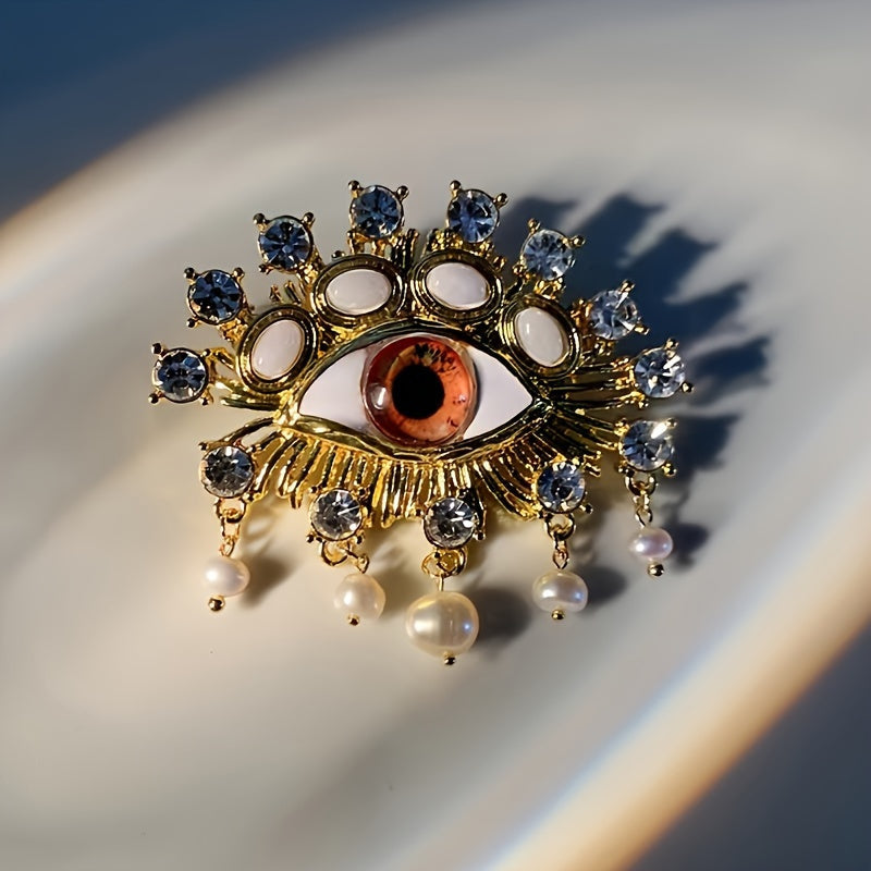 Evil Eye Brooch with Imitation Pearl and Crystal Details Vintage Tassel Jewelry