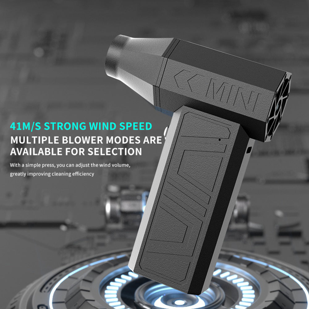 1 dona Qora Qoʻl Fanati yuqori tezlikda 90000 RPM Brushless Motor bilan, USB orqali qayta zaryadlanadigan, chidamli ABS korpus. Avtomobil, kompyuter va tashqarida tozalash uchun mos. Bir nechta blower rejimlari