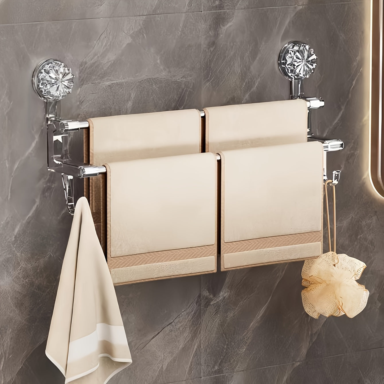 Dual Rod Towel Rack with Suction Cups No-Drill Wall Mount Bathroom Storage Metal Hanging Rod