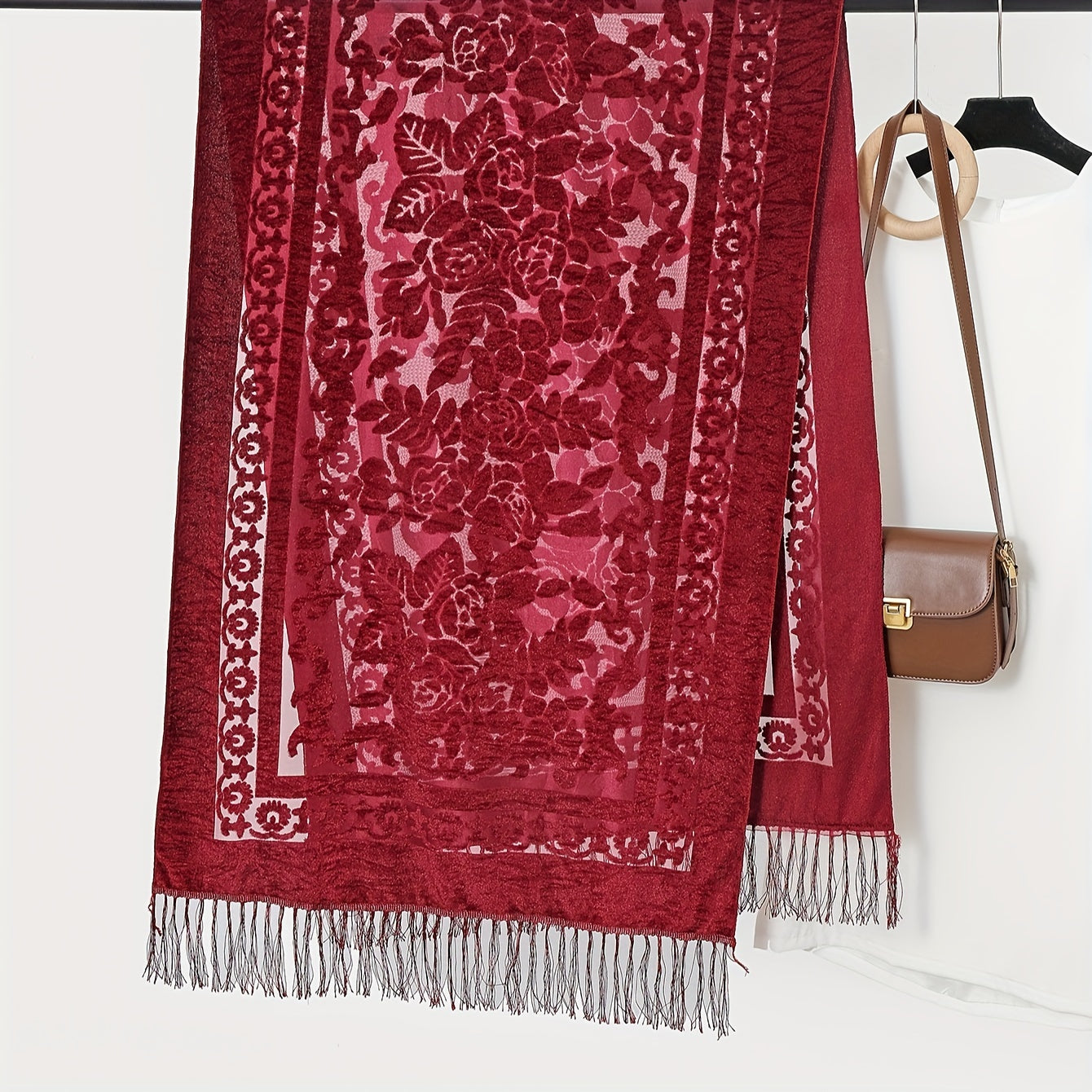 Black Floral Lace Shawl with Tassels and Rose Pattern for Evening Events