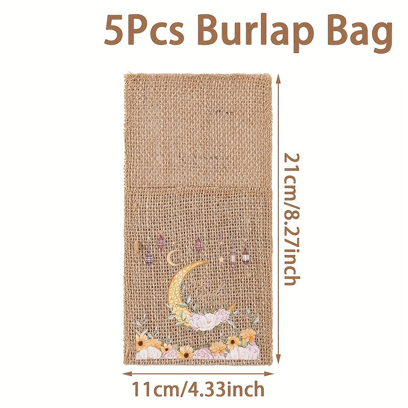 Juego de 5 bolsas de regalo de arpillera Eid Mubarak con linterna de luna y diseños de estrellas para suministros de fiesta de Ramadán