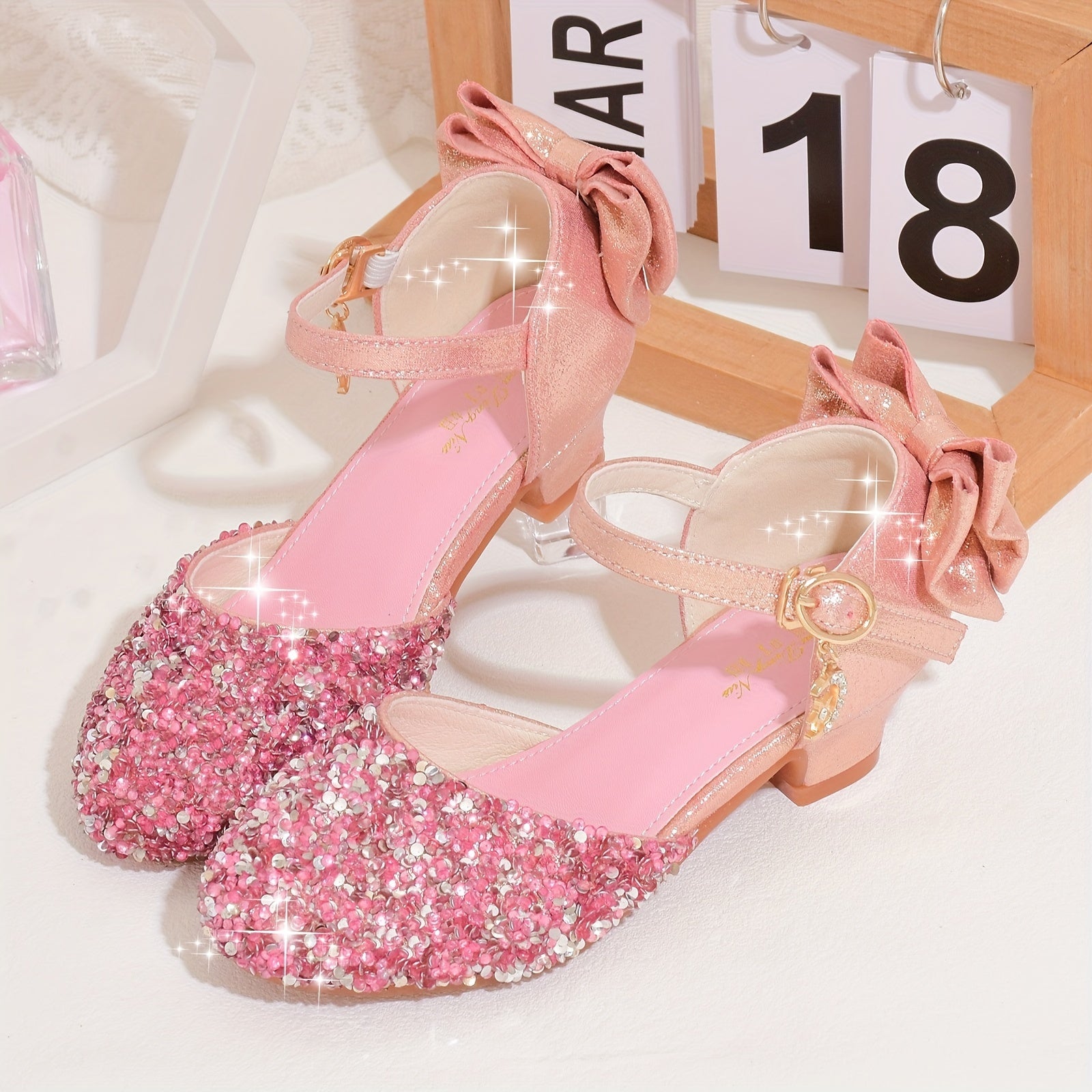 Girls' Children's Dress Shoes with Bow and Sequins, Silvery PU, Round Toe