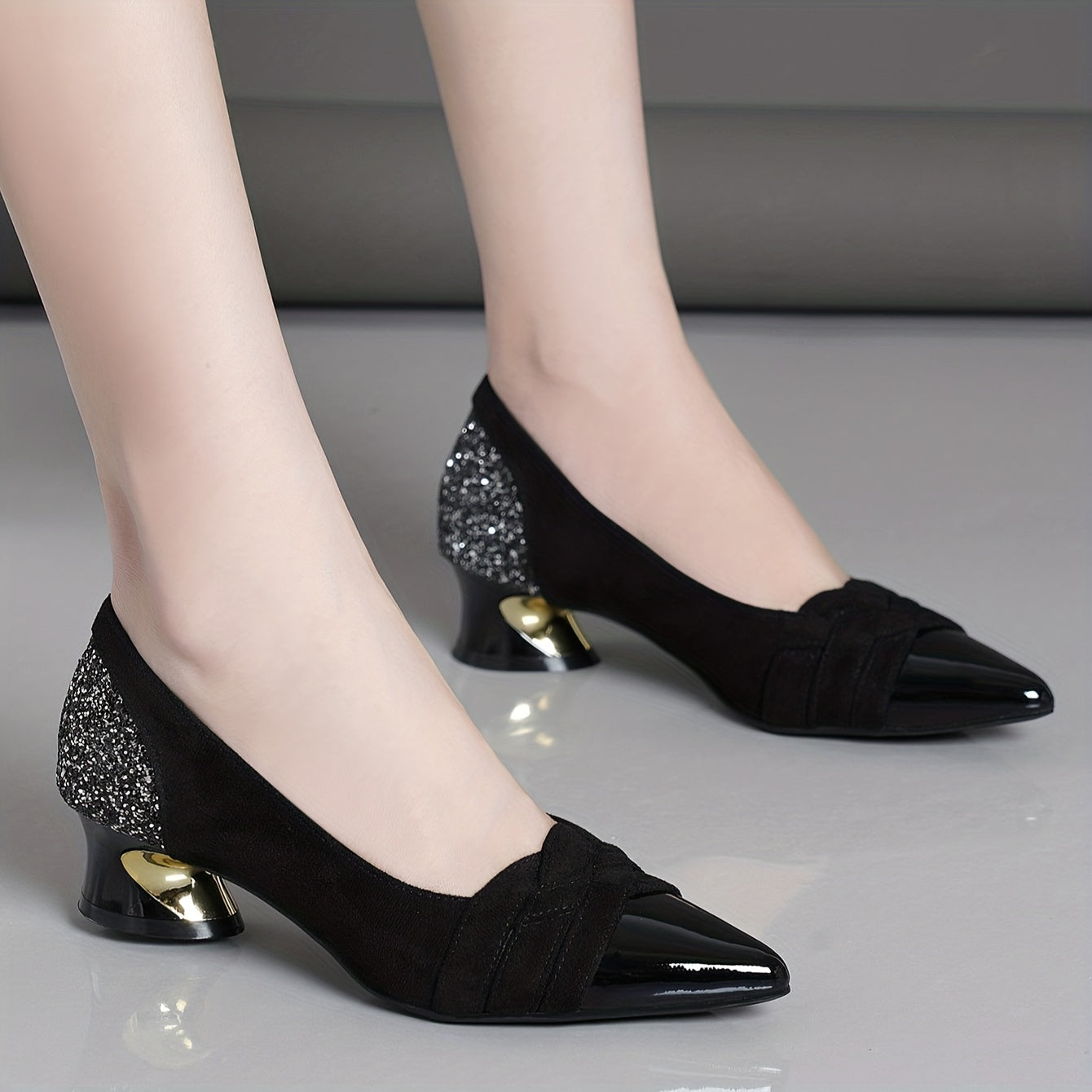 Women's Glitter Chunky Heels Pointed Toe Block Heel for Carnival and Music Festivals