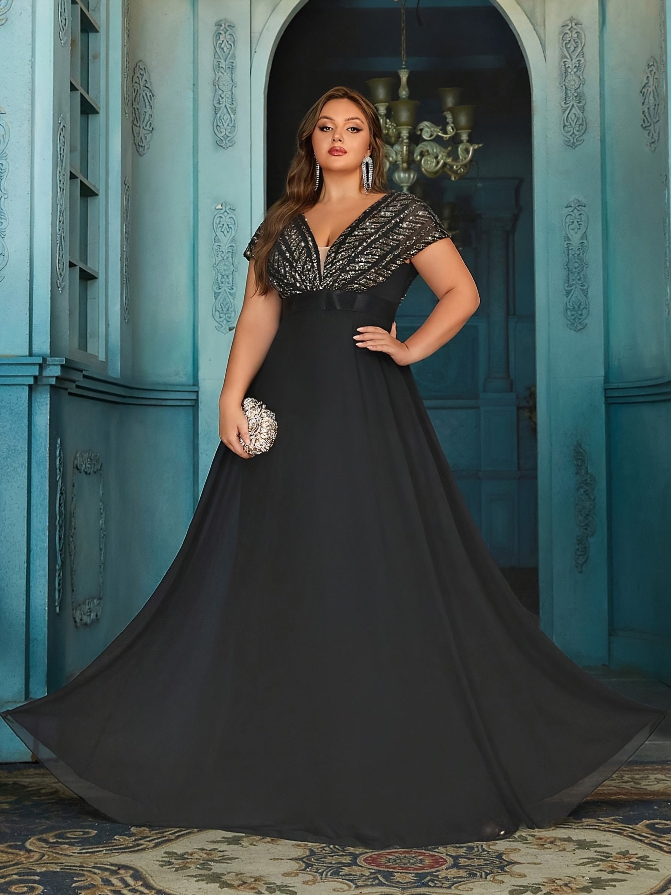Plus Size Women Short Sleeve Dress Black Elegant Formal Evening Wedding Guest Gown