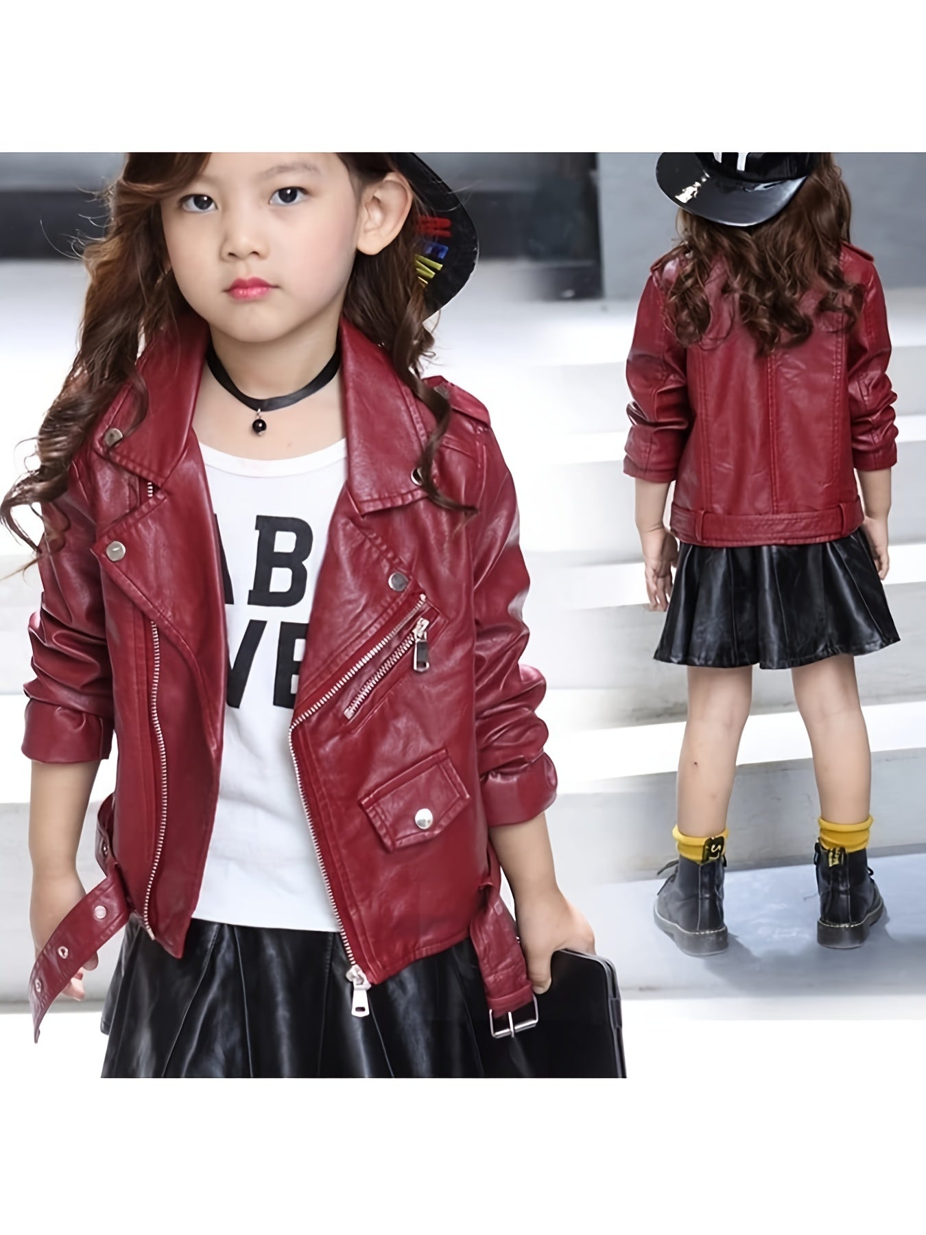Girls PU Leather Motorcycle Jacket Fall Winter Long Sleeve Zipper Lapel Solid Color