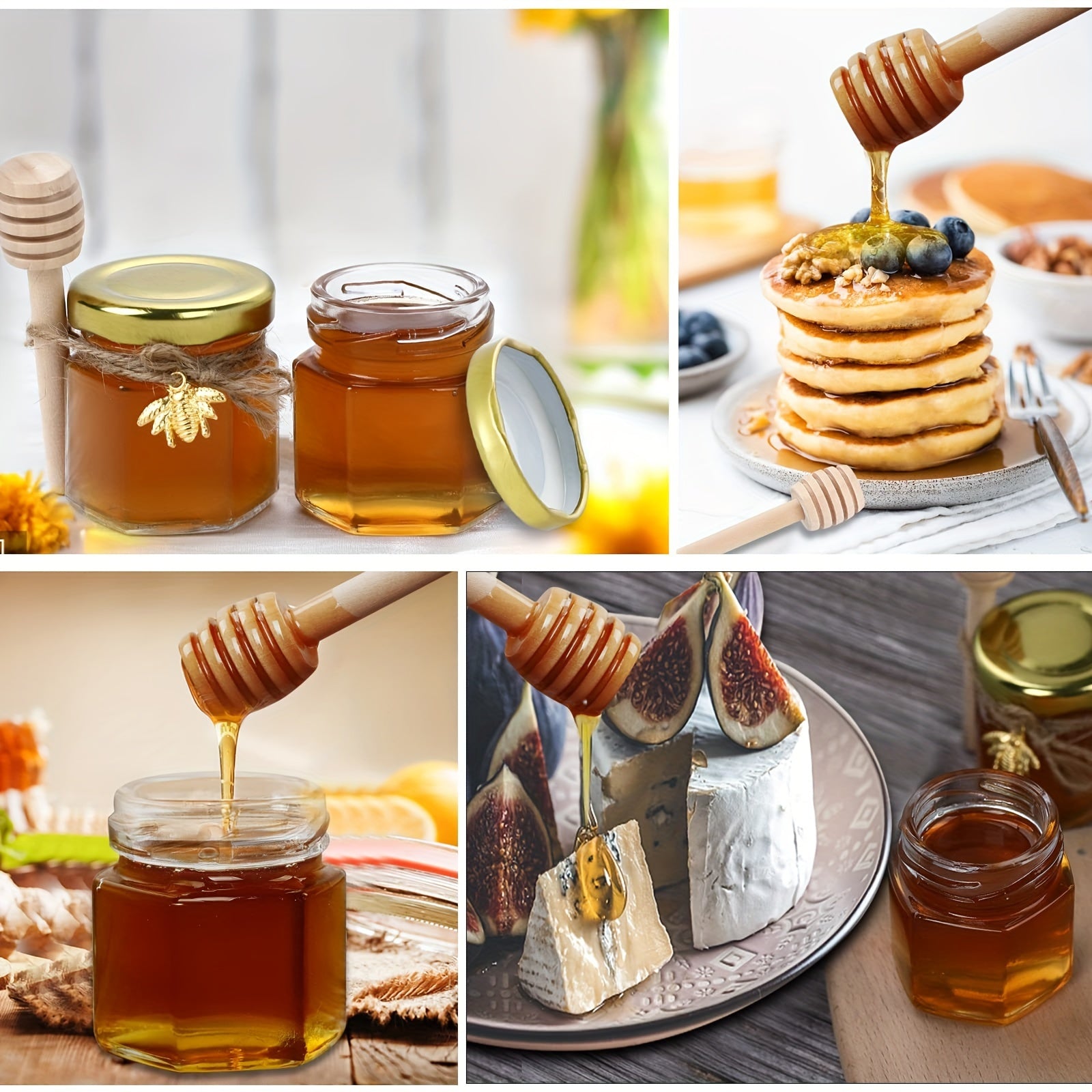 Mini Hexagon Glass Honey Jars 1.5 oz with Wood Dipper and Golden Lid for Jam Candies Favors