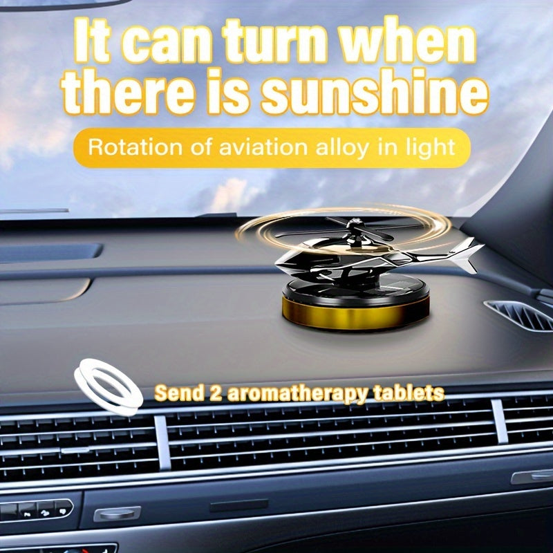 Quyosh energiyasida ishlaydigan vertolyot havo tozalagichi, qizil/oltin/silver/ko'k rangda aylanuvchi alyuminiy qotishmasidan yasalgan aromaterapiya difuzori, uzoq muddatli nozik hid uchun qog'oz hid varaqalari va avtomobilni o'z ichiga oladi.