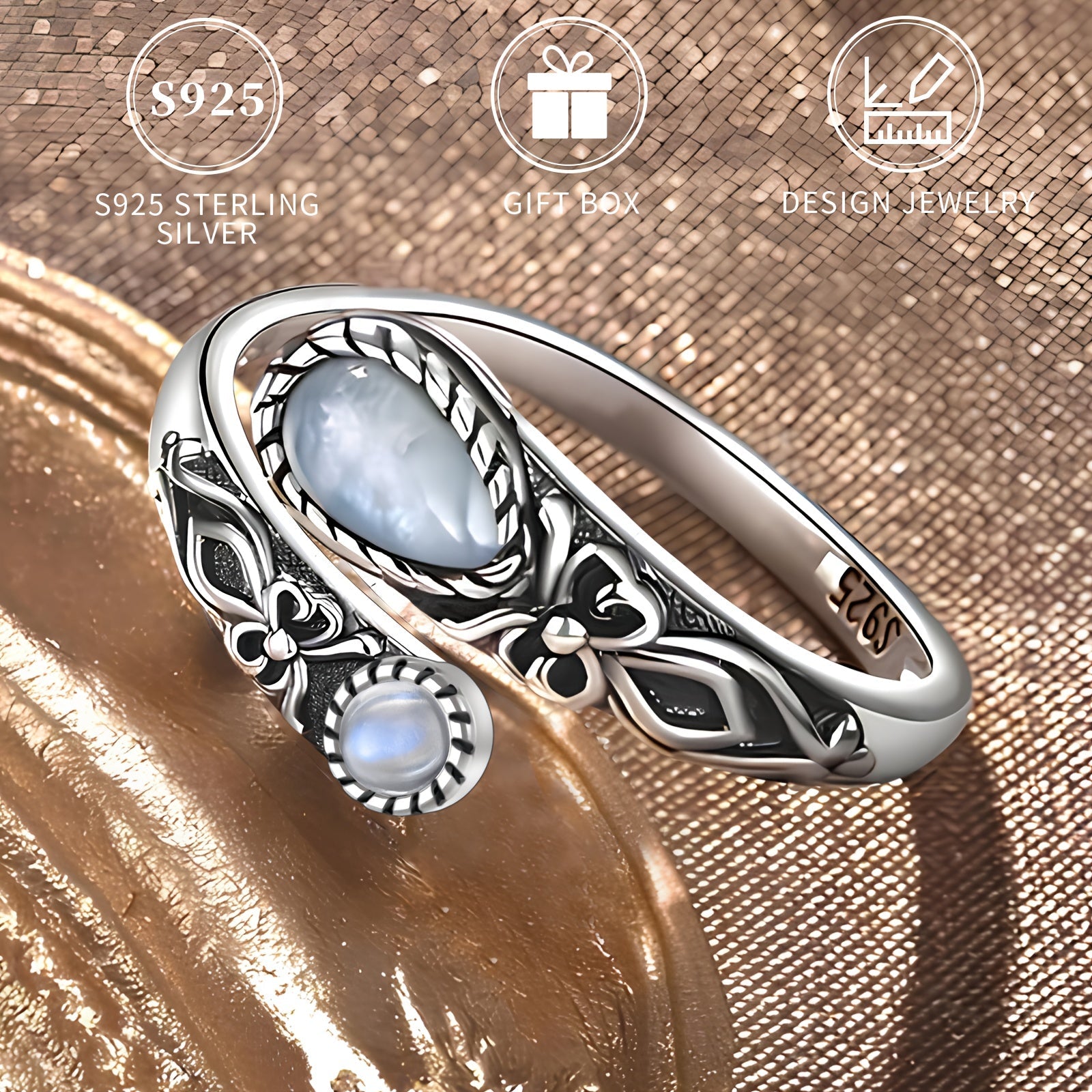 Кольцо из стерлингового серебра с лунным камнем, винтажное бохо, регулируемый ободок, бабочка в украшении