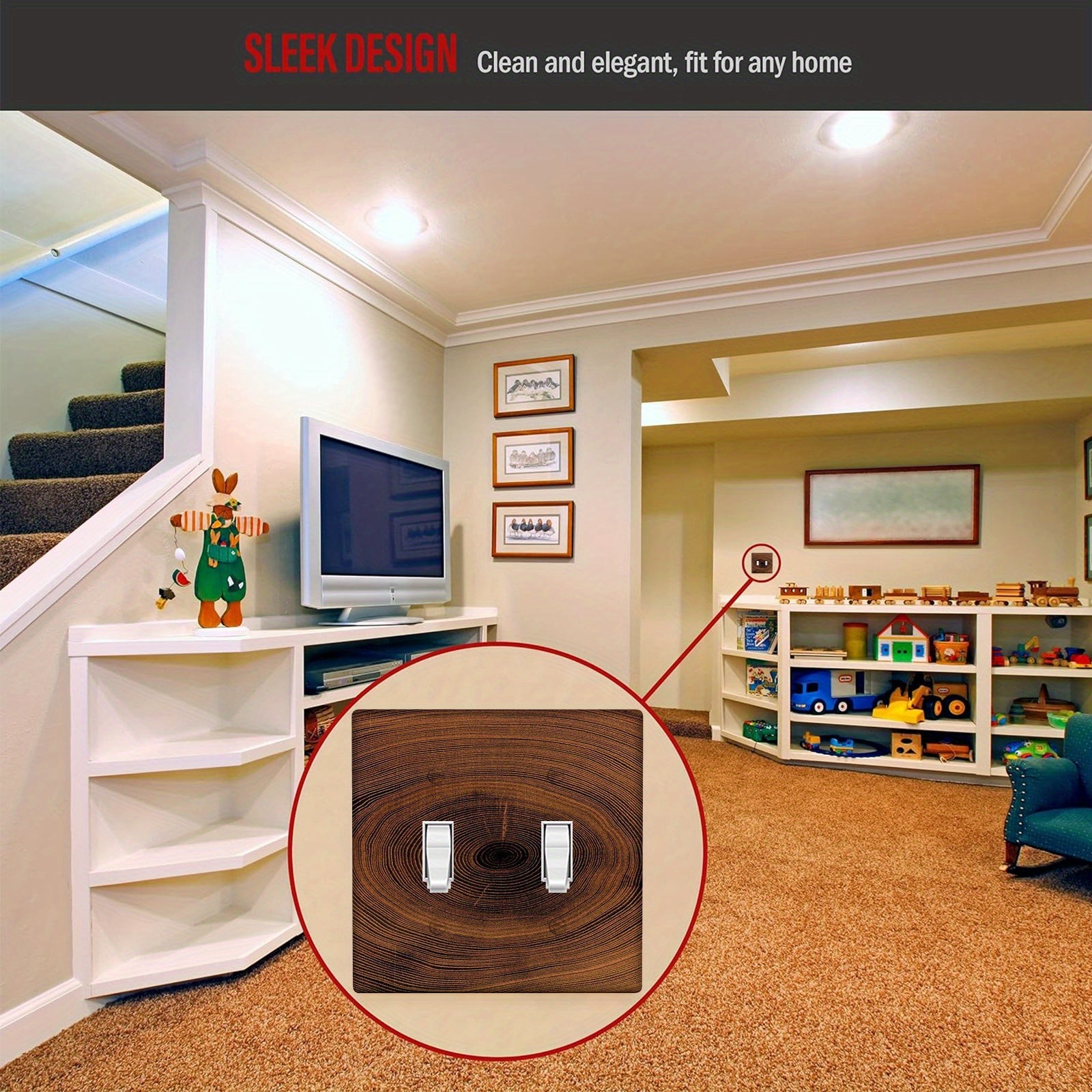 Деревянная стеновая панель с декоративной крышкой для выключателя и розетки, украшенной узором в виде древесной текстуры. Легко устанавливается внутри и снаружи без необходимости в электропитании.