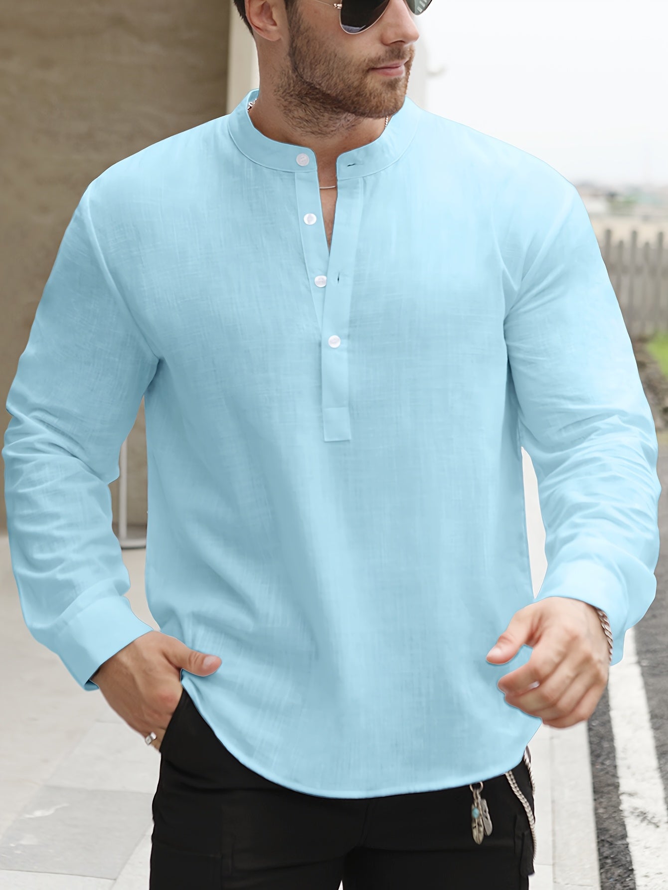 Camisa Henley de algodón de bambú verde menta para hombre, manga larga, casual, verano, corte relajado