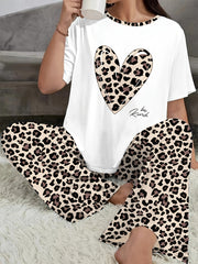 Women's Plus Size Leopard Heart Print Pajama Set Short Sleeve Lounge